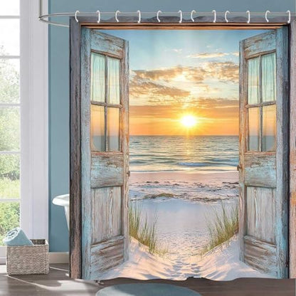 Beach Coastal Shower Curtain, Ocean Barn Door Nautical Sunrise Seaside Seascape Wave Decor Bath Curtains, Rustic Wood Teal Turquoise Bathroom Accessories Fabric Waterproof with Hooks, 47X64in