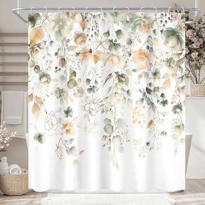 Green Yellow Floral Summer Watercolor Sage Bathroom Shower Curtain Set
