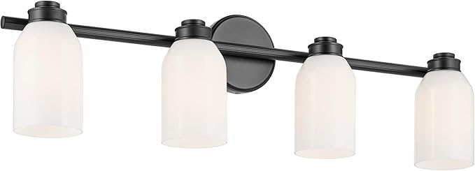 Kichler Shae 32.25" 4-Light Vanity Light with White Opal Glass in Black, for Bathroom Vanity, Powder Room, Over a Mirror, (32.25" W x 9" H), 55203BK