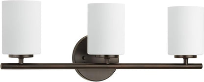 Progress Lighting Replay Collection 3 Light Bathroom Vanity Light, Modern Bath Lighting Fixture with Etched White Glass Shades for Over the Mirror, Reversible Mounting, Antique Bronze
