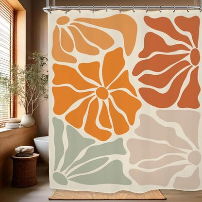 Matisse Flower Shower Curtain 60Wx72L Inch Abstract Retro Aesthetic Minimalist Vintage Art 70s Modern Orange Green Tan Bathroom Set Accessories Decor with 12 Pack Hooks