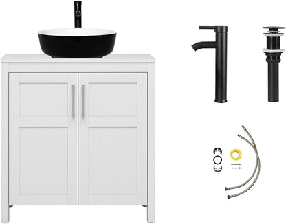 YOURLITE 30" White Bathroom Vanity, 30" White Bathroom Vanity Sink Combo with Black White Ceramic Basin Faucet & Pop Up Drain Set