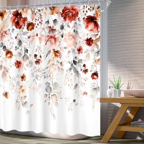 Autumn Fall Floral Red Burgundy Brown Bathroom Shower Curtain Set
