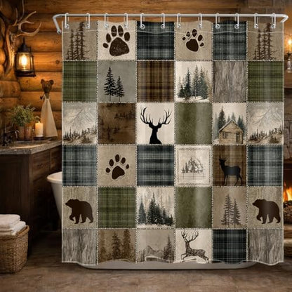 Rustic Cabin Forest Shower Curtain for Bathroom, Wild Animal Bear and Deer Brown Vintage Plaid Patchwork Shower Curtain Set Country Bathroom Decor Accessories with Hooks, 72W X 72L inches