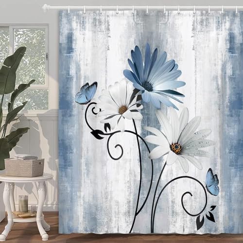 NBVKO 4PCS Rustic Blue Flower Farmhouse Shower Curtain Set,Waterproof Blue Daisy Floral Bathroom Decor Accessory Set