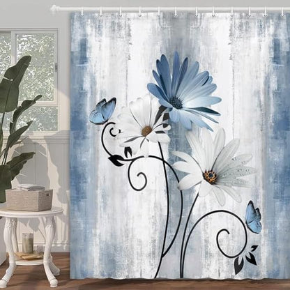 NBVKO 4PCS Rustic Blue Flower Farmhouse Shower Curtain Set,Waterproof Blue Daisy Floral Bathroom Decor Accessory Set
