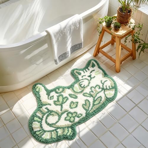 Cute Cat Bath Mat, Unique Green Small Fun Bathroom Rug
