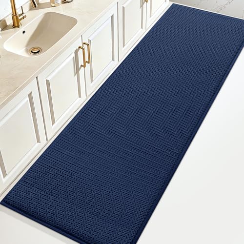 Memory Foam Bath Mat, Ultra Soft Absorbent Waffle Bathroom Rugs, Super Non-Slip PVC Backing Bath Rug Quick Dry, Machine Washable Rug for Tub, Shower, Home Decor Accessory, 60" x 24", Navy Blue