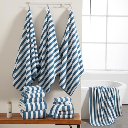 18 Pcs Navy Stripe Bath Towel Set with Hanging Loop-6 Bath Towels,6 Hand Towels,6 Washcloths Soft Family Towels Set Bathroom Towel Highly Absorbent Quick Dry Shower Towel for Beach Spa Gym Hotel
