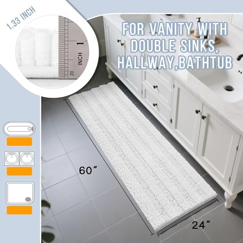Yimobra Bathroom Runner Rugs 60"x24", Non Slip and Absorbent Bath Mat, Super Soft Water Absorbent Hallway Carpet, Machine Washable Rug for Vanity Tub Shower, White