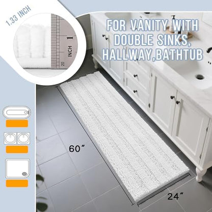 Yimobra Bathroom Runner Rugs 60"x24", Non Slip and Absorbent Bath Mat, Super Soft Water Absorbent Hallway Carpet, Machine Washable Rug for Vanity Tub Shower, White