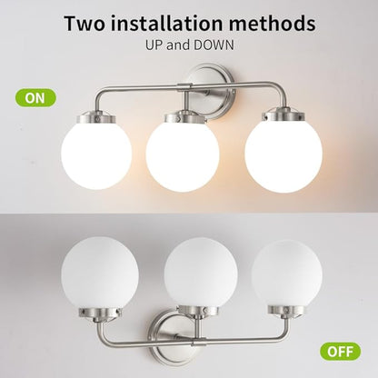 Bathroom Light Fixtures Over Mirror, Brushed Nickel Modern Vanity Lights with Milk White Glass Globe Shades 3-Light Farmhouse Wall Sconce Lighting