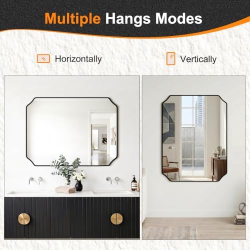 Delma Bathroom Vanity Mirror, Black Framed Aluminum Bathroom Mirror for Over Sink, Scalloped Round Corner Wall Mirror, High-Definition Vanity Mirror, Hangs Horizontally or Vertically (30x40,Black)