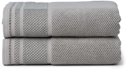 Texere 100% Organic Cotton Rice Weave Jacquard 700 GSM Luxury Bath Towel Sets - Ultra Soft and Absorbent Hotel and Spa Quality (Rice Weave, Cathedral Gray, 2 Bath Towels)