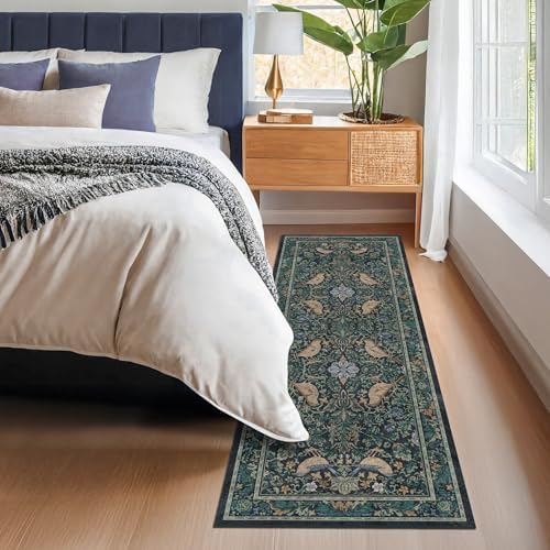 Hazo Haus Boho Blue 2x7 Extra Long Runners for Large Kitchen - Vintage Floral Runner Rug for Bathroom, Hallway, Laundry Room, Bedroom, Entrance, Washable Non Slip Low Pile