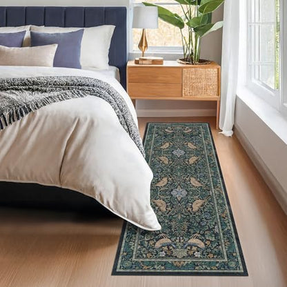 Hazo Haus Boho Blue 2x7 Extra Long Runners for Large Kitchen - Vintage Floral Runner Rug for Bathroom, Hallway, Laundry Room, Bedroom, Entrance, Washable Non Slip Low Pile