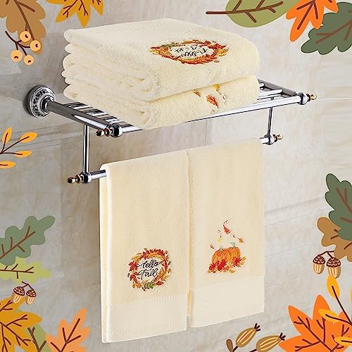 Quera 2 Pack Fall Hand Towels Autumn Pumpkin Thanksgiving Embroidered Premium Luxury Decor Hello Fall Bathroom Decorative Dish Set for Drying Cleaning, Cooking 13.7 "x 29.5"
