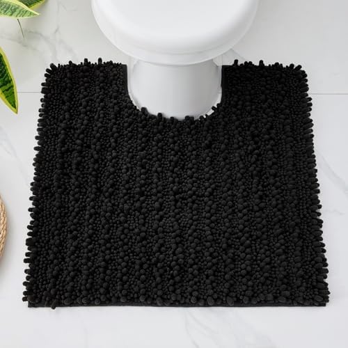 Disolla Toilet Rug 24x24 Inch - Black U-Shaped Bathroom Floor Mat, Soft Shaggy Plush Absorbent Chenille Contour Rug, Non-Slip Washable Pedestal Base Rug
