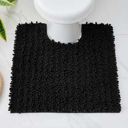 Disolla Toilet Rug 24x24 Inch - Black U-Shaped Bathroom Floor Mat, Soft Shaggy Plush Absorbent Chenille Contour Rug, Non-Slip Washable Pedestal Base Rug