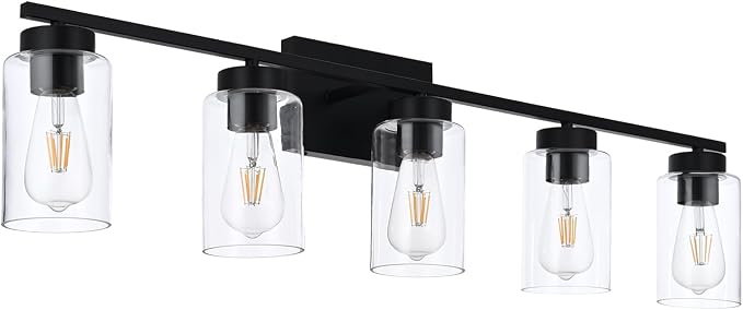 5 Light Bathroom Vanity Light Fixtures, Matte Black Modern Wall Lights with Clear Glass Shade, Vintage Wall Sconce Lighting for Living Room, Mirror, Bedroom, Hallway (Black, 5-Lights)