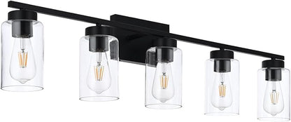 5 Light Bathroom Vanity Light Fixtures, Matte Black Modern Wall Lights with Clear Glass Shade, Vintage Wall Sconce Lighting for Living Room, Mirror, Bedroom, Hallway (Black, 5-Lights)