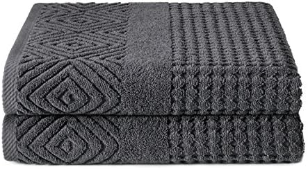 Texere 100% Organic Cotton Diamond Jacquard 700 GSM Luxury Bath Towel Sets - Ultra Soft and Absorbent Hotel and Spa Quality (Diamond, Charcoal, 2 Bath Towels)