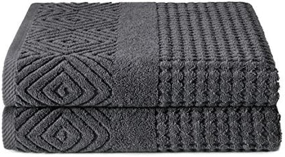 Texere 100% Organic Cotton Diamond Jacquard 700 GSM Luxury Bath Towel Sets - Ultra Soft and Absorbent Hotel and Spa Quality (Diamond, Charcoal, 2 Bath Towels)