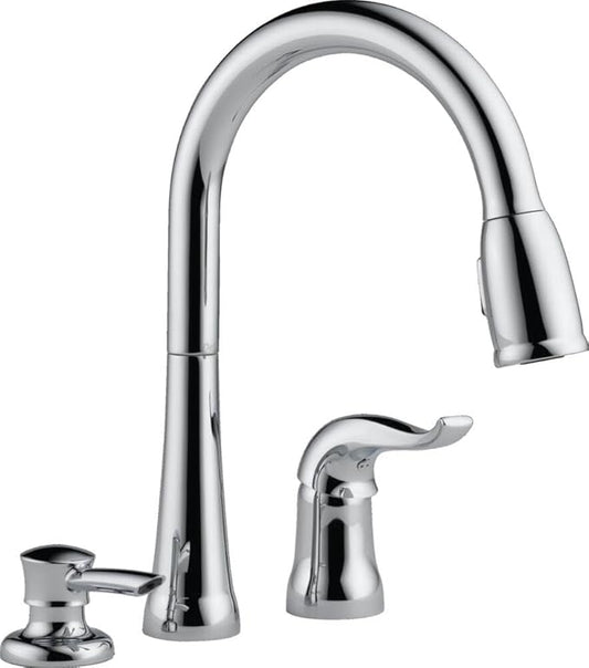 Delta Kate Chrome Kitchen Faucet with Pull Down Sprayer and Soap Disperser, Modern Two Hole Kitchen Sink Faucet, Single Handle, Chrome 16970-SD-DST
