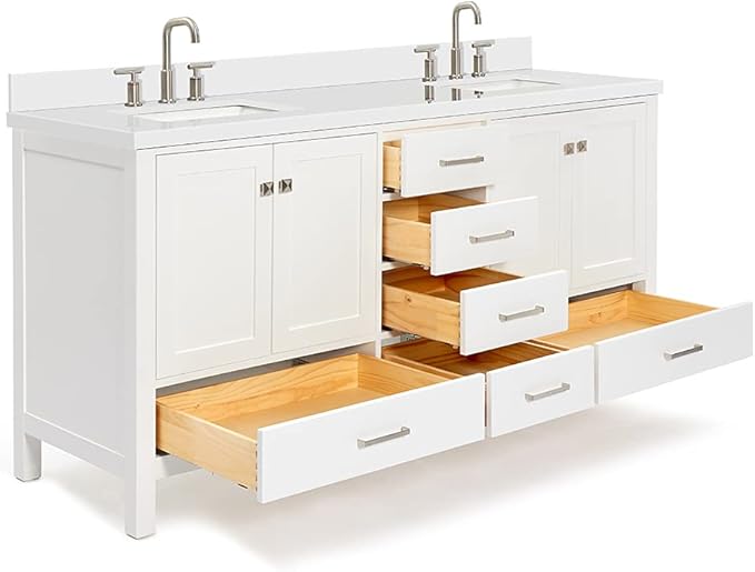 DKB Beckford 72 Inch Bathroom Vanity Double Sink — White Bathroom Vanity with Sink, 1.5" Edge Pure White Quartz Countertop & Backsplash, 4 Soft-Close Doors, 6 Dovetail Drawers