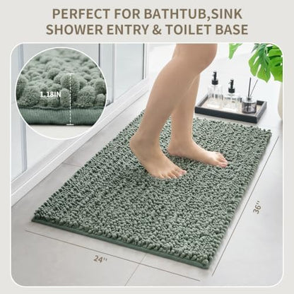 Bathroom Rugs Non Slip Washable 36x24, Extra Thick Soft Chenille Absorbent Bath Mat, High Density Barrier Non Slip Backing, Quick Dry Plush Shaggy Floor Carpet for Tub&Shower, Sage Green