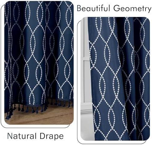 OVZME Navy Blue Shower Curtain for Bathroom, Puff Printed Textured Shower Curtain with Tassels, Rustic Geometry Heavy Duty Vintage Country Bathroom Curtain, Water Resistant Fabric, 72Wx72L Inches