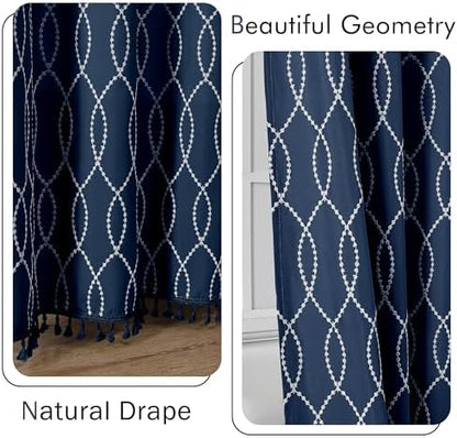 OVZME Navy Blue Shower Curtain for Bathroom, Puff Printed Textured Shower Curtain with Tassels, Rustic Geometry Heavy Duty Vintage Country Bathroom Curtain, Water Resistant Fabric, 72Wx72L Inches