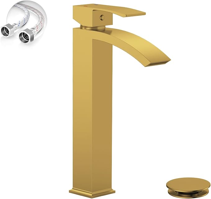Brushed Gold Vessel Sink Faucet, Waterfall Bathroom Faucets | Brass, Tall Spout, Single Handle 1 Hole Bathroom Faucet, Modern Basin Taps with Supply Line, Pop Up Drain, Without Overflow