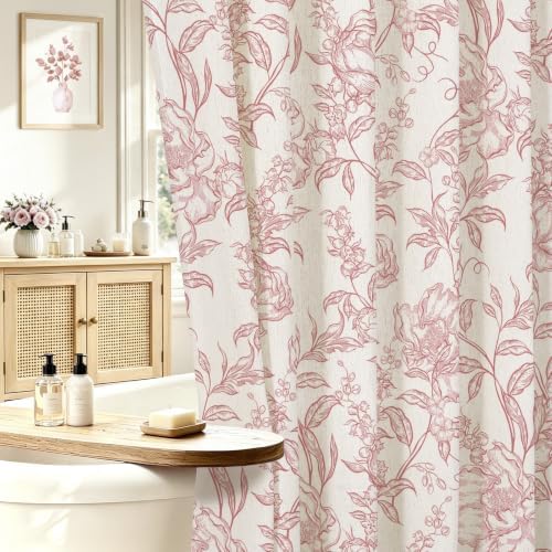 Pink Boho Linen Fabric Shower Curtain , Farmhouse Floral For Bathroom