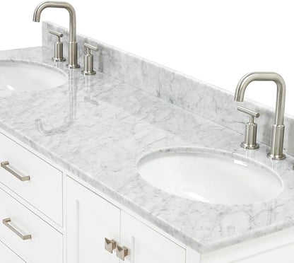 ARIEL Cambridge 66-inch Bathroom Vanity with Sink,Solid Wood, 0.75-inch Italian Carrara Marble Countertop & Backsplash, Double Oval Porcelain Sink, 4 Soft Closing Doors, 6 Dovetail Drawers, White