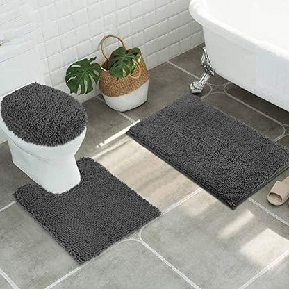 ITSOFT Standard 3pc Non-Slip Shaggy Chenille Bathroom Mat Set, Includes 24"x21" U-Shaped Contour Toilet Rug, 34"x21" Bathmat and 1 Toilet Lid Cover, Charcoal Gray
