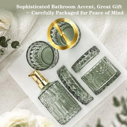 Green Bathroom Accessories Set, 5Pcs Clear Glass Green Accessories with Lotion Soap Dispenser, Soap Dish, Toothbrush Holder, Tumbler, Cotton Swab Jar, Modern Bathroom Decor Crystal Vintage Gift