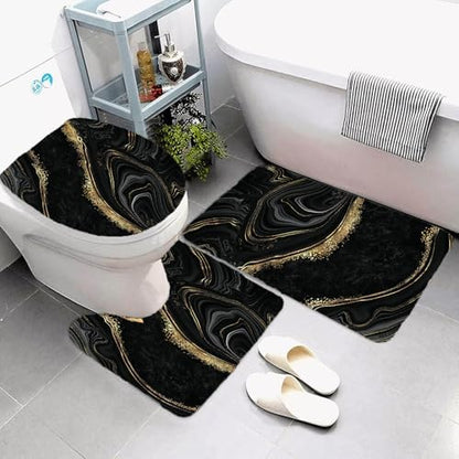 NBVKO 4Pcs Black Gold Marble Shower Curtain Sets with Rugs Bathroom Sets with Shower Curtain and Rugs Modern Abstract Bathroom Decor Accessories Shower Curtains for Bathroom Toilet Lid Cover