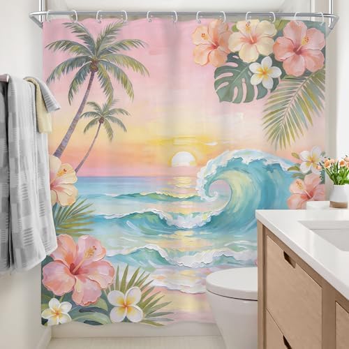 Ocean Coastal Pink Floral Palm Leaves Flower Bathroom Shower Curtain Set