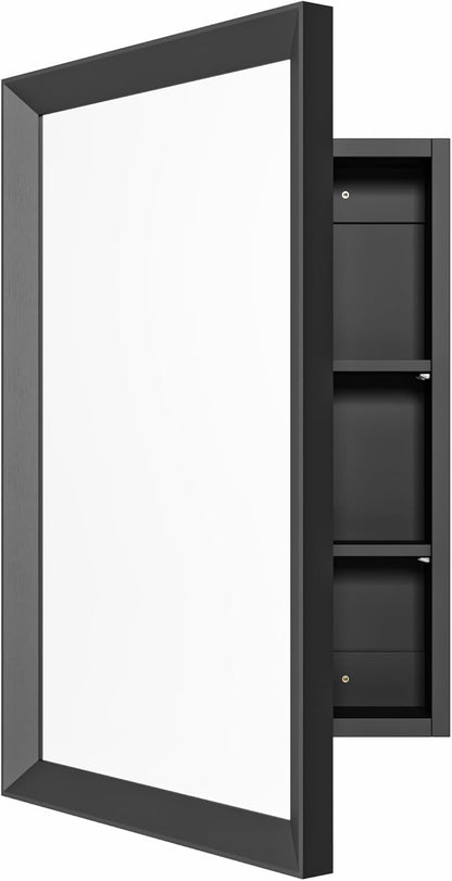 Retro-Style Medicine Cabinet with 17’’x27’’ Solid Wood Mirror Frame, Bathroom Recessed Wall Cabinet, Living Room Wood Storage Cabinet, Black