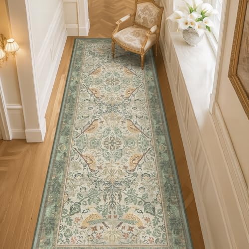 Hazo Haus 2'6"x8' Long Hallway Runner Rug - Vintage Botanical Wide Runners for Kitchen Bedroom Hall Way, Washable Non Slip with Rubber Backing, Light Green Sage Floral Décor