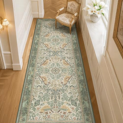 Hazo Haus 2'6"x8' Long Hallway Runner Rug - Vintage Botanical Wide Runners for Kitchen Bedroom Hall Way, Washable Non Slip with Rubber Backing, Light Green Sage Floral Décor