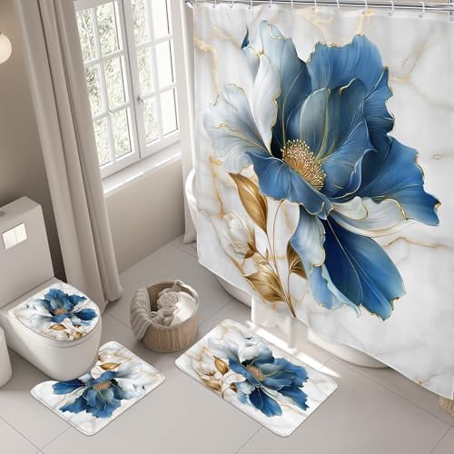Blue Gold Floral Abstract Modern 4Pcs Bathroom Shower Curtain Set with Rugs
