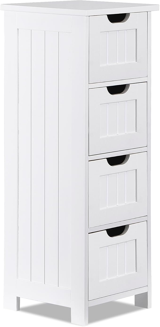 Bathroom Floor Storage Cabinet, Freestanding Wooden Side Organizer w/4 Drawers & Anti-Tip Kit for Bathroom Living Room Hallway Office Study, White