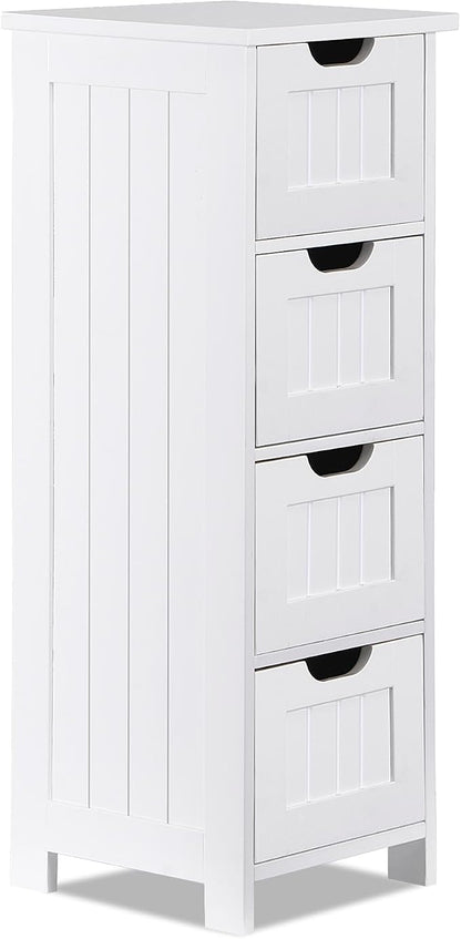 Bathroom Floor Storage Cabinet, Freestanding Wooden Side Organizer w/4 Drawers & Anti-Tip Kit for Bathroom Living Room Hallway Office Study, White