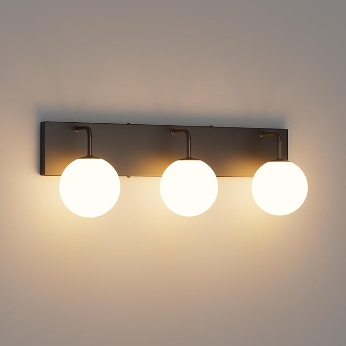 Tipace 3-Light Modern Black Bathroom Vanity Light Fixtures Over Mirror Mid Century Vanity Lights with Milk White Glass Globe Industrial Bath Lighting(Exclude Bulb)