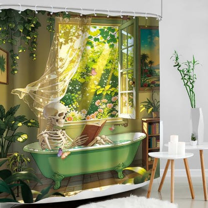 Skull Skeleton Gothic Spooky Green Botany Bathroom Shower Curtain Set