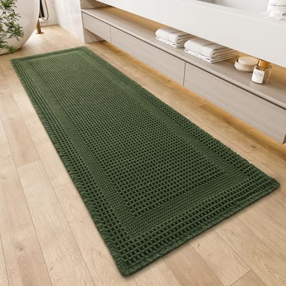 AMOAMI Waffle Bathroom Runner Rugs, Long Bath Mat Non Slip 24x48 Dark Green