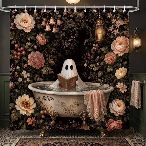 Ghost Shower Curtain 72 x 72 Inch, Waterproof Polyester Halloween Bathroom Curtain with 12 Plastic Hooks, Dark Floral Vintage Bathtub Bath Curtain for Tub Decor