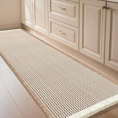IM HOME Extra Large Waffle Bath Mat Brown & Cream 6'x2', Boho Woven Modern Bath Mat Rugs, Absorbent Non Slip Bathroom Rugs, Soft Washable Bath Rugs with Tassels for Bedroom, Kitchen, Shower, Tub
